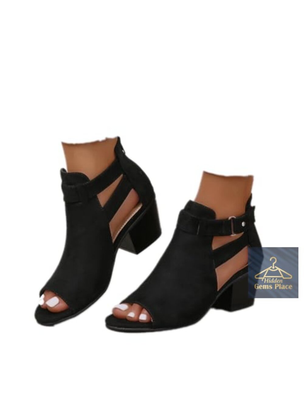 Suede Peep Toe Ankle Booties Chunky Block Heel Buckle Cutout Boot